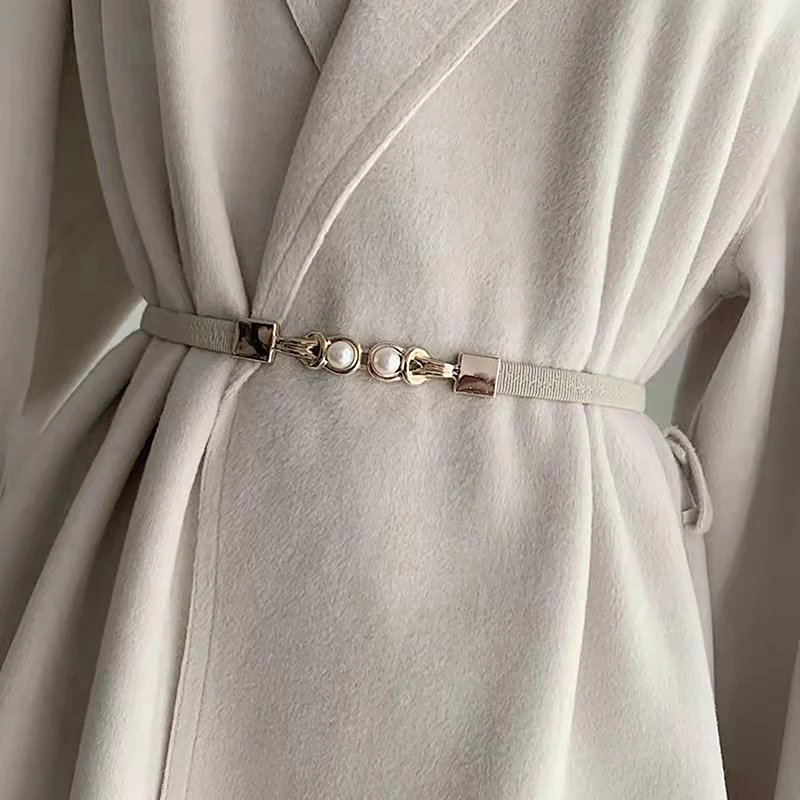 Elegant Black Double Pearl Buckle Elastic Belt