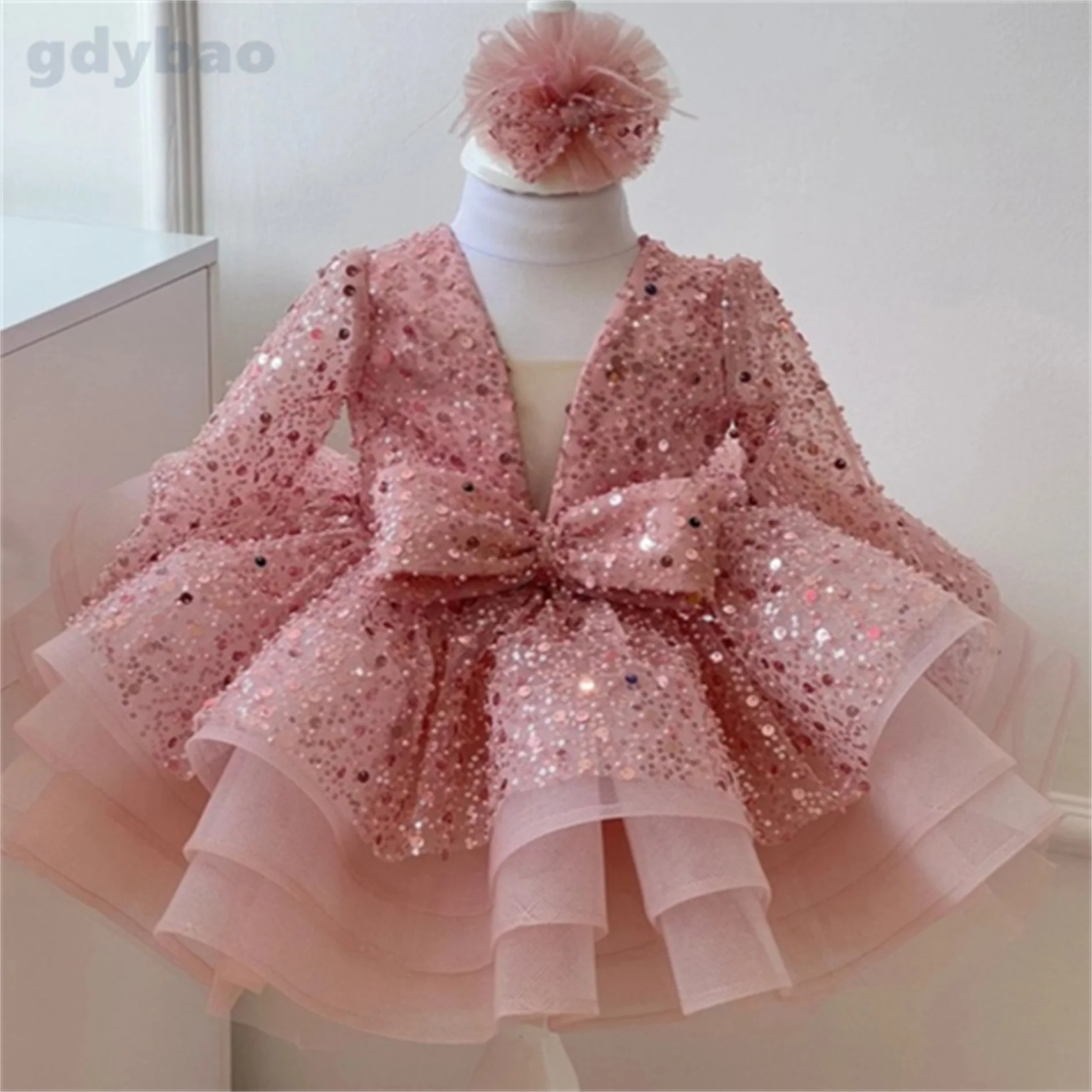 

JYS Flower Girl Wedding Sequins Dresses for Girls First Communion Dress Kids Piano Performance Wine Red Children Pageant Ball Go