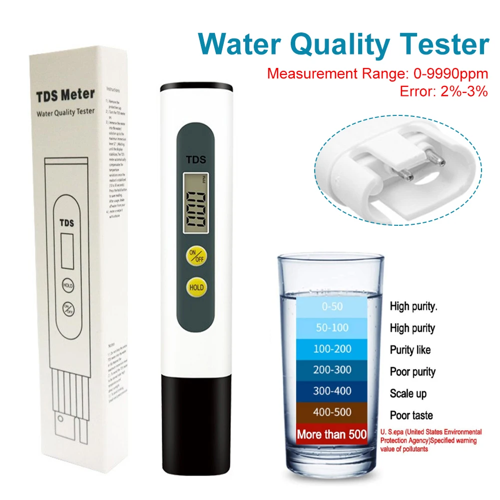 

Water Quality Tester Portable TDS Meter Accurate Titanium Alloy Probe 0-9990ppm Water Test Pen for Drinking Water Fish Tank