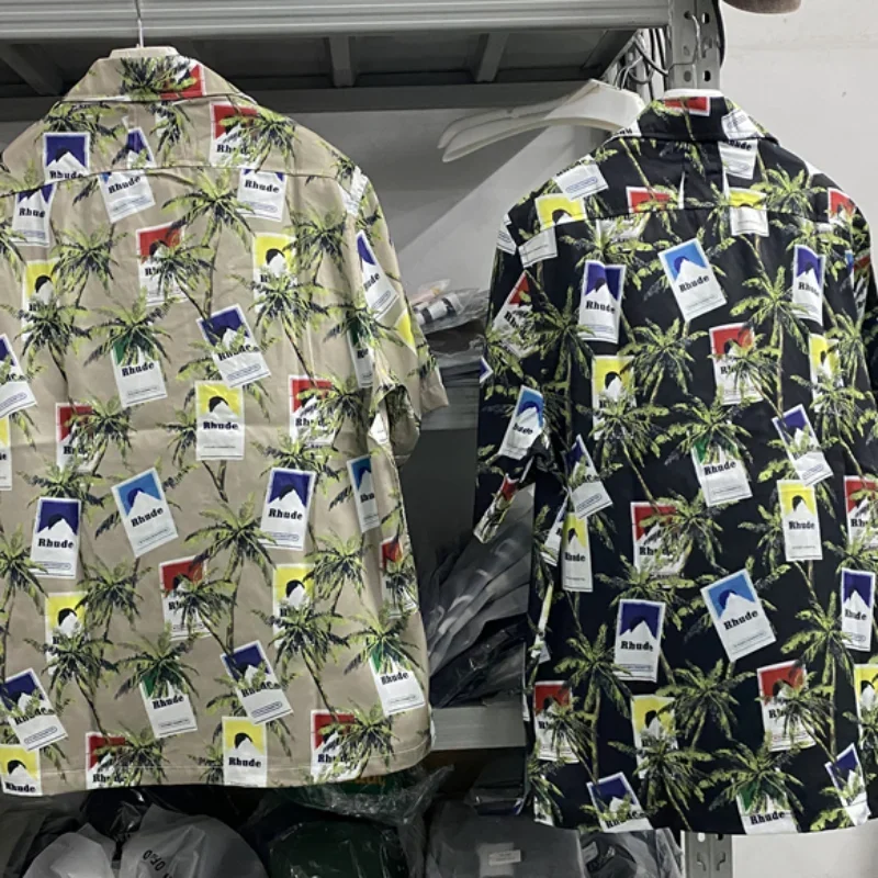 

Rhude Casual Shirts Suit Full Print Coconut Tree Oversized Shirts 1:1 High Quality Hawaiian Shirts