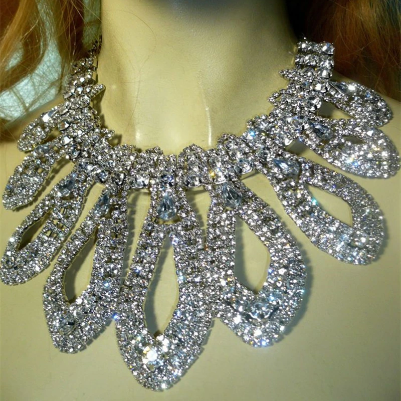Xerling Rhinestone Bowknot Choker Necklace - Silver, 30+22cm, Iced Out Statement Collar For Women