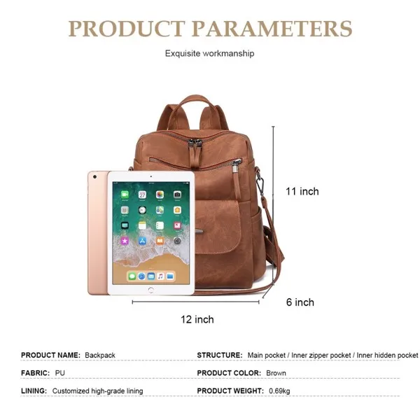 女士背包、钱包，防水PU皮革背包、手袋，女士休闲肩袋，棕色（周末不发货）-14