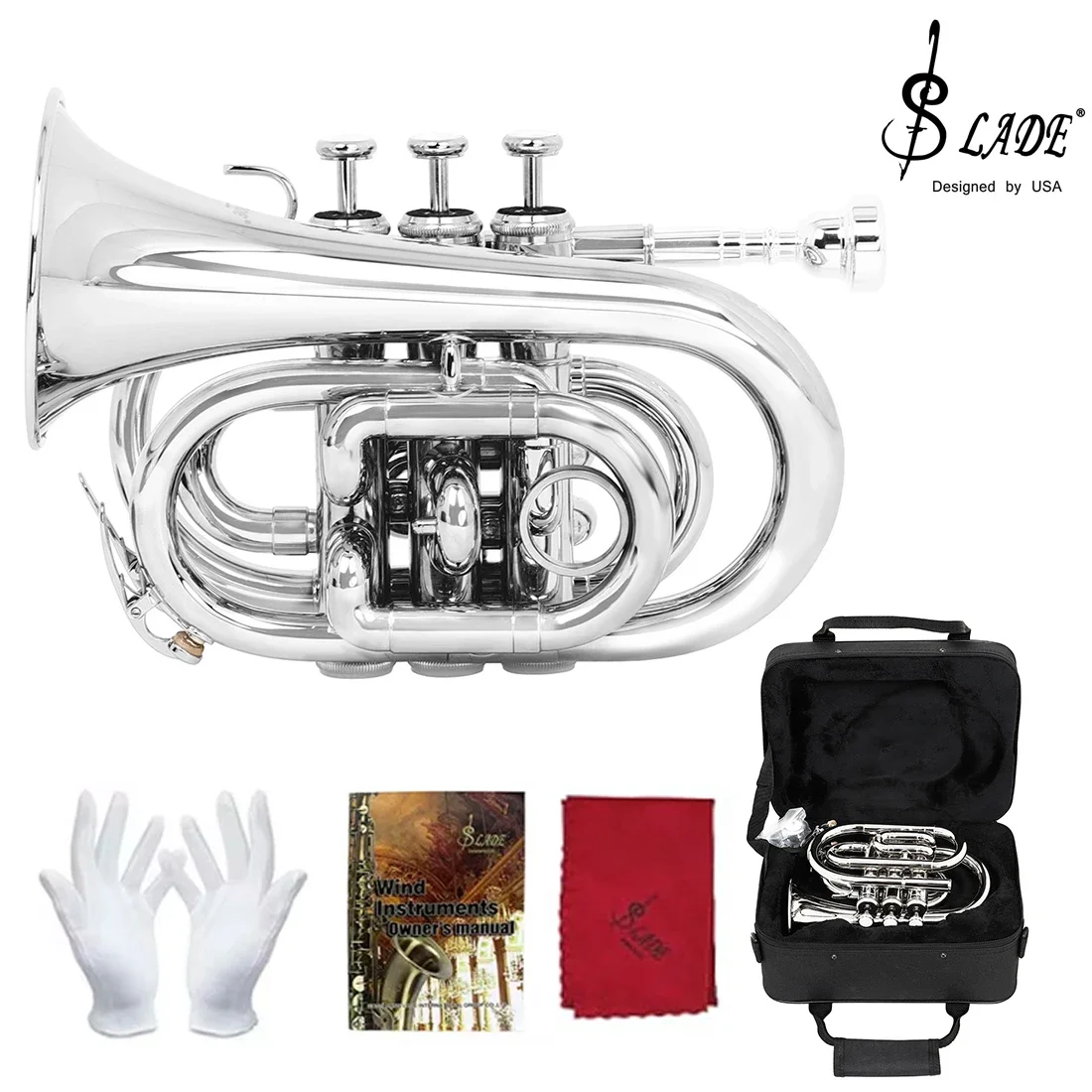 Pocket Trumpet B flat Palm Number Silver for Beginner Students with Blow Nozzle 7C Cleaning Kit Gloves Box Brass Accessory