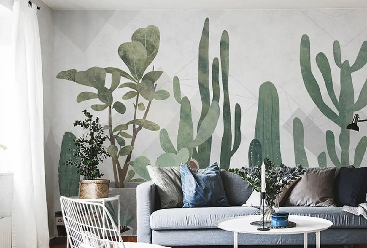 Custom 3d wallpaper mural Nordic small fresh cactus living room sofa hand-painted background wall papel de pared room decor