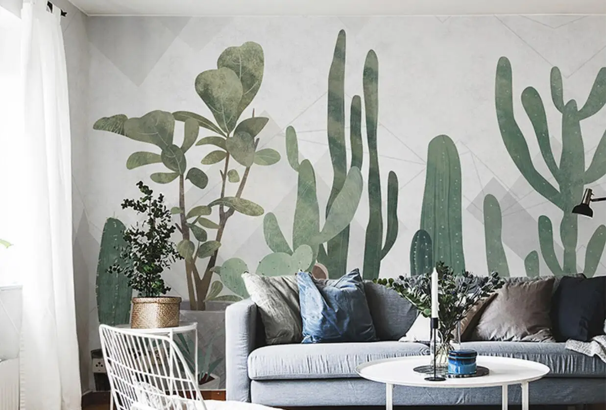 

Custom 3d wallpaper mural Nordic small fresh cactus living room sofa hand-painted background wall papel de pared room decor