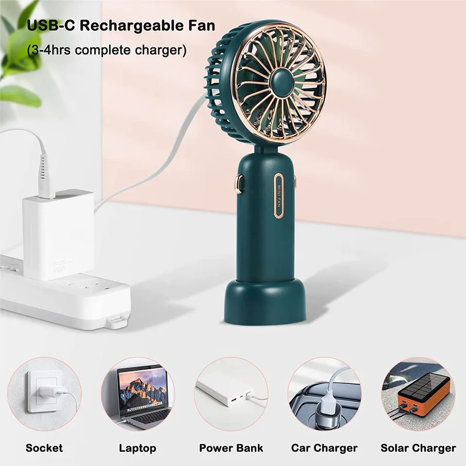 Ventilatore Portatile Pieghevole 5 Velocità - Display LED E Power Bank USB - Blu - Con Gancio E Base Da Tavolo - 2