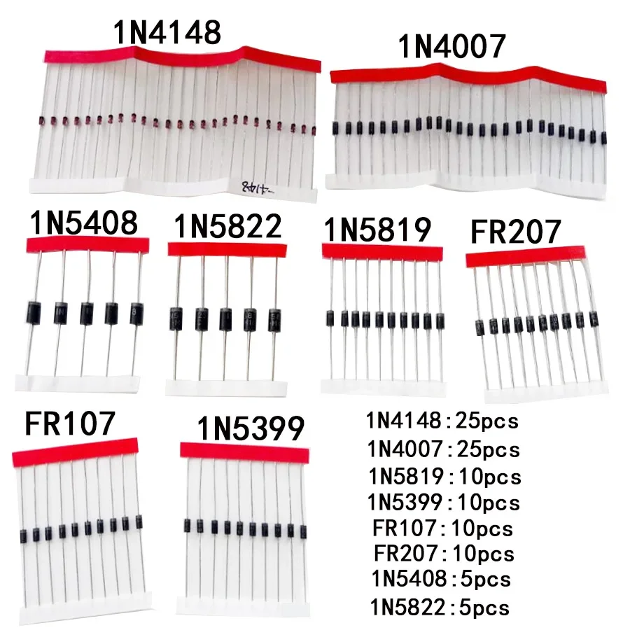 Rectifier Diode Set 1N4148 1N4007 1N5819 1N5399 1N5408 1N5822 FR107 FR207 Fast Switching Schottky Diode Resistor Kit 100pcs/lot