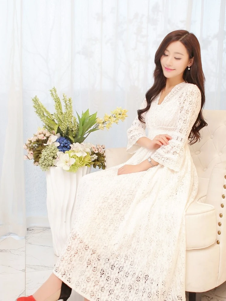 Vestidos largos con la parte superior de encaje y la parte inferior de chiffon Blanco