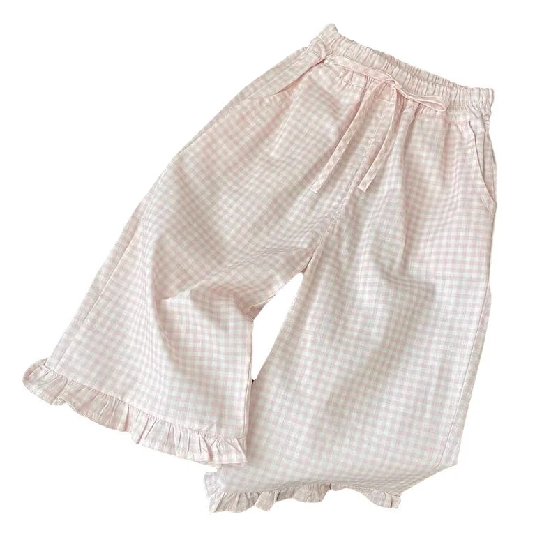 Baby Girls Korean Fashion Summer Pajamas Sleepwear Short Sleeve T-Shirt Tops Comfortable Plaid Lace Wide Leg Sleeping Pants