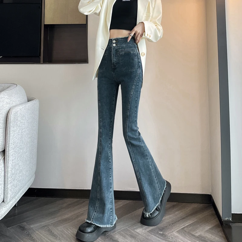 

Jeans Women's New Blue High Waist Slim Mopping Pants Y2k Retro Trend Flared Pants Raw Edge Denim Trousers Women Free Shipping