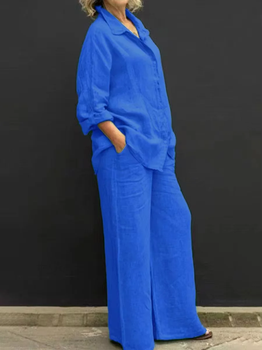 Women Linen Casual Shirt 2 Pieces Set Fashion Lapel Long Sleeve Button Blouse And Trousers Outfits Loose Wide Leg Pants Suits women linen outfits