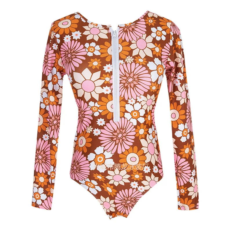 New One-piece Swimsuit Long-sleeved Sunscreen Printed Zipper One-piece Swimwear Summer Beach Wear