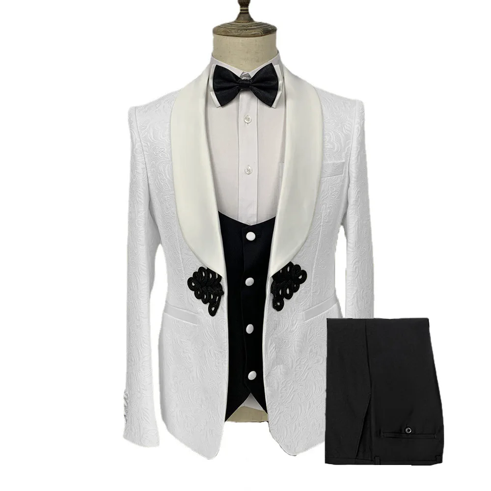 

Men Suit 3 Pieces Slim Fit Formal Jacquard Plate Buckle Suitable For Wedding Banquet Groom Jacket Black Vest With Pants