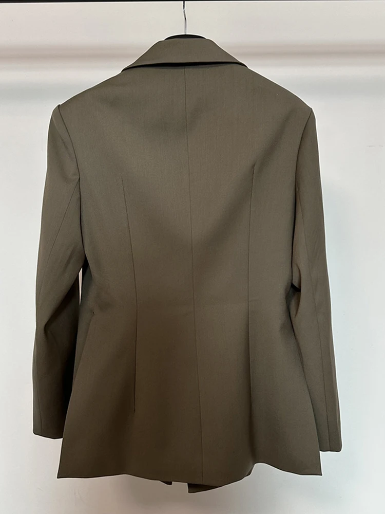 [LANMREM] Single Button Gathered Waist Blazers For Women Long Sleeve Office Lady Green Jackets Fashion 2024 Spring New 26D8926