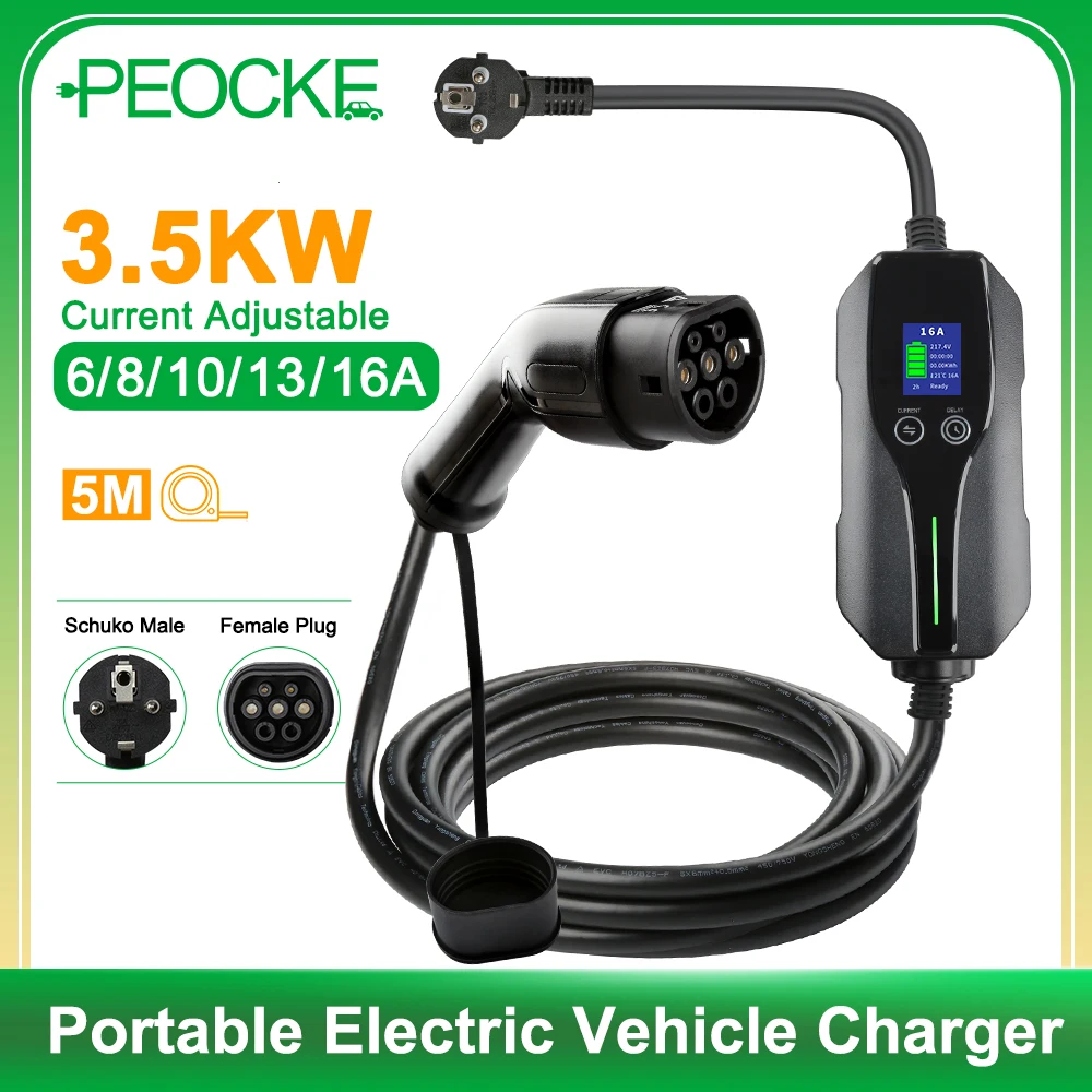 

Peocke EVSE EV Charger Type 2 16A/32A Electric Box Switchable 6/8/10/13/16A Schuko Plug with 5M Charging Cable for Electric Car