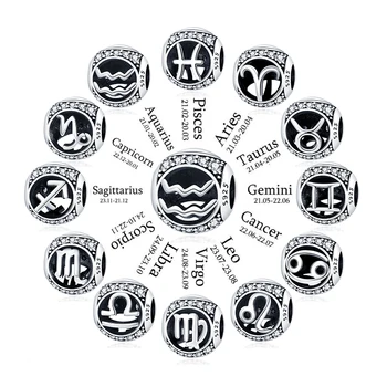 Pandach Genuine 925 Silver Color 12 Constellation Round Charms Bead Fit Pandora 925 Original Bracelets Fine DIY Birthday Jewelry