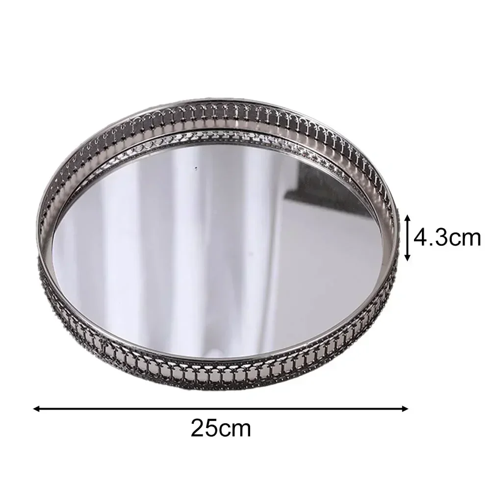 Vintage European mirror glass metal storage tray gold rectangle/round fruit plate desktop small items jewelry display tray plate