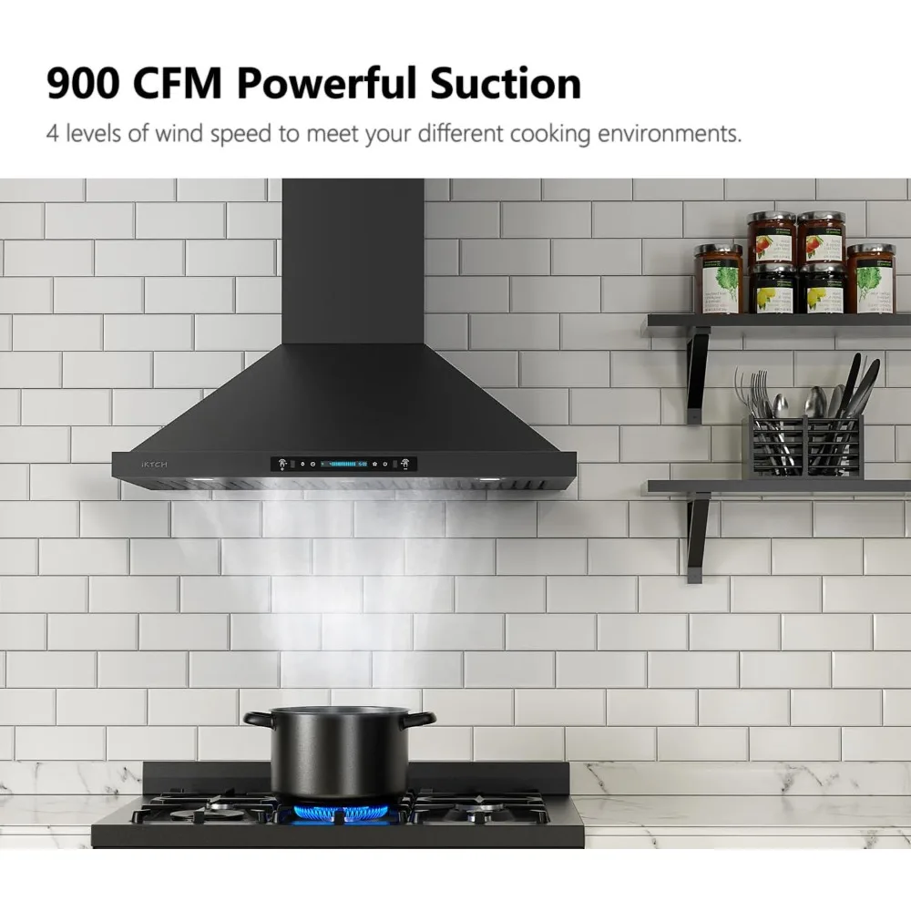 36 inch Black Wall Mount Range Hood, 900 CFM Ducted/Ductless Stainless Steel Vent Hood 2