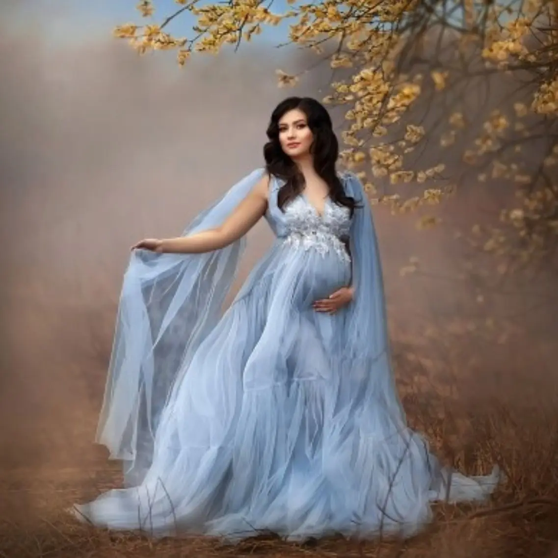 Blue Tulle Maternity Dresses Empire V-Neck Bridal Gown Fairy Photography Classic Lace Appliques Baby Shower Gown Customize