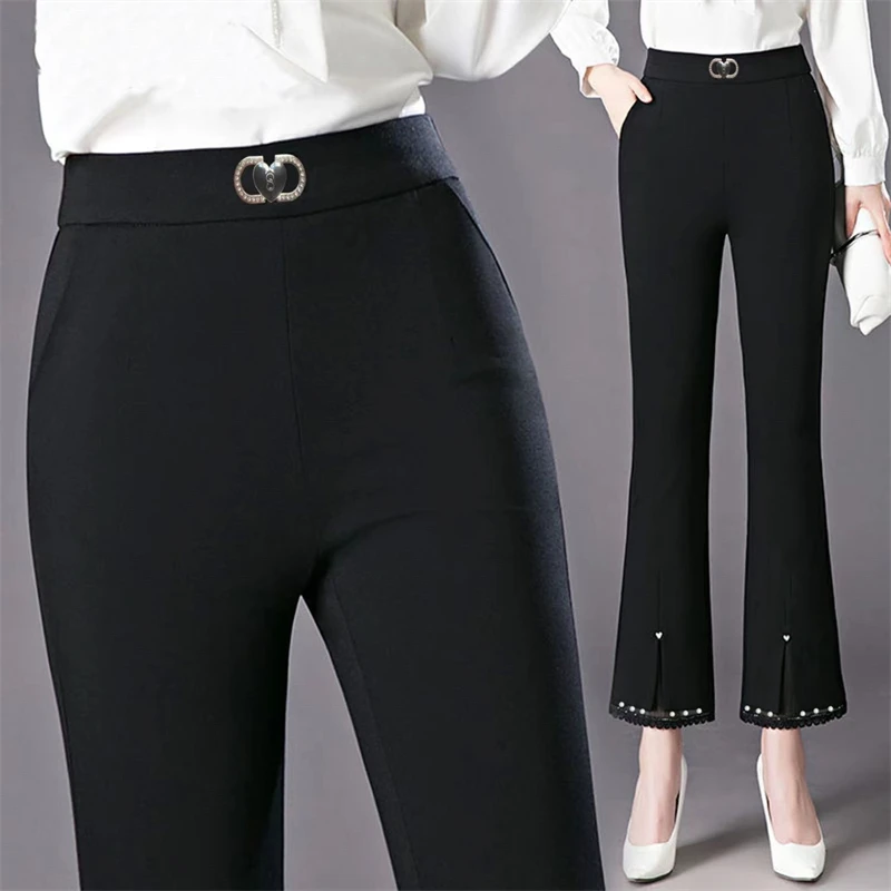 2023 Autumn Winter Women Korean Beaded Lace Patchwork Chic Elegant Flare Pants Ladies Black Plush High Waist Trousers Pantalones