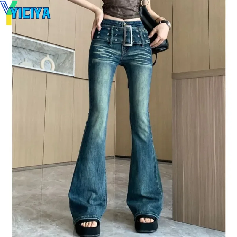 

YICIYA Flared Jeans Washed Distressed Gradient pants High Waist American Retro Straight Jean Harajuku Y2k Hot Girl Trousers pant
