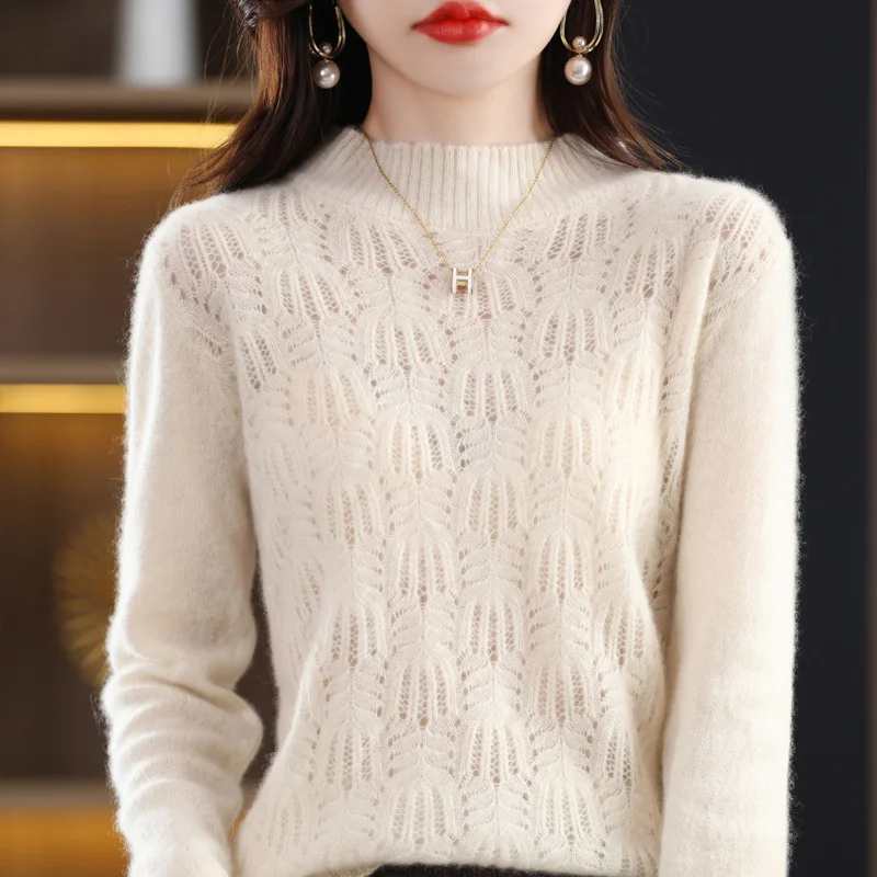 

100% wool women's pullover hollowed-out knitted semi-high collar fashionable exquisite women's cashmere sweater thin hot new