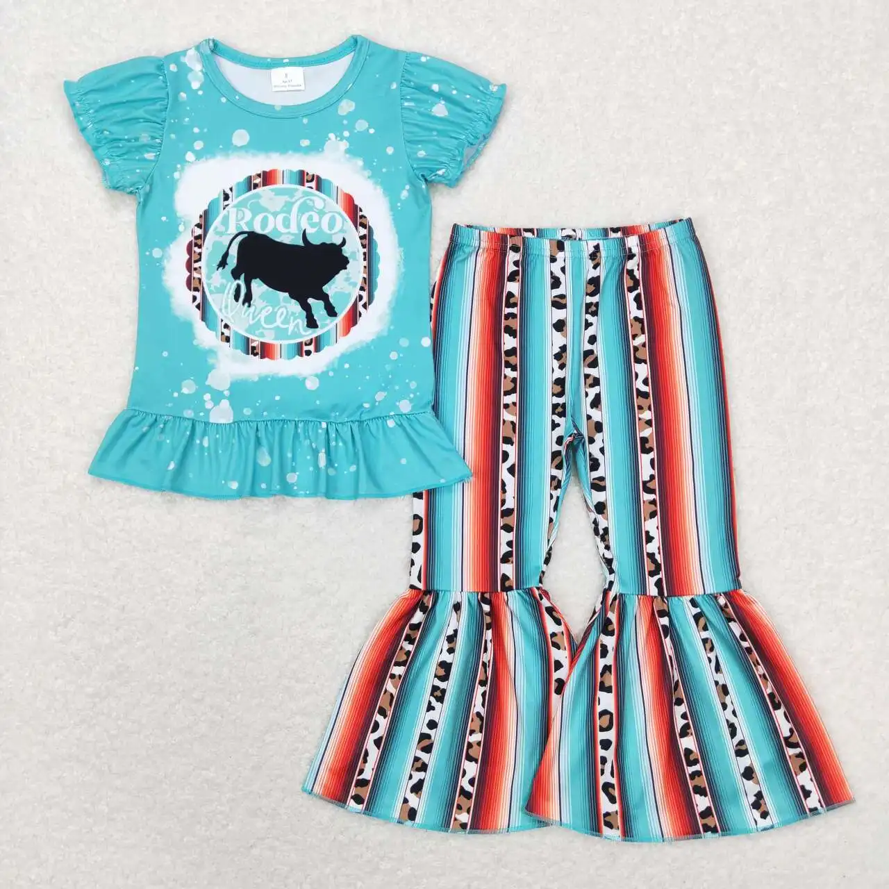 Bambini All'Ingrosso Vendita Calda Bambini Neonate Vestiti Abbigliamento Per Bambini Lettera Bull Blue Lace Manica Corta Leopard Stripe Pantsuit