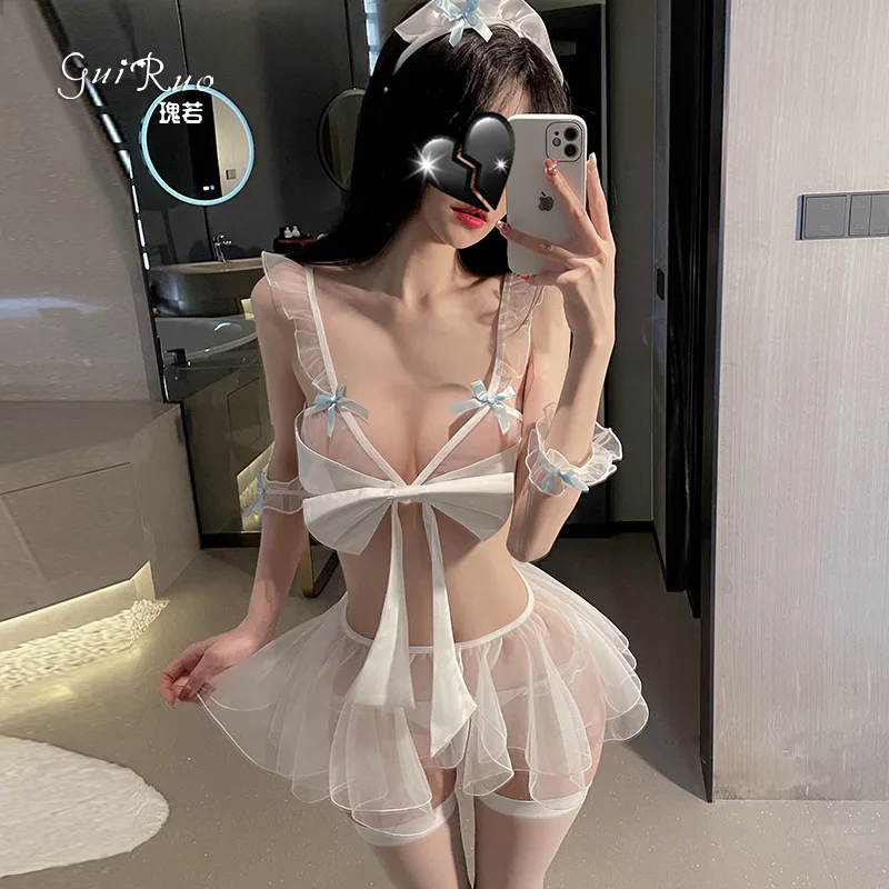 

Women's Sexy Lingerie Mesh Perspective Temptation Maid Tutu Skirt Bow Breast Milk Solid Color Uniform
