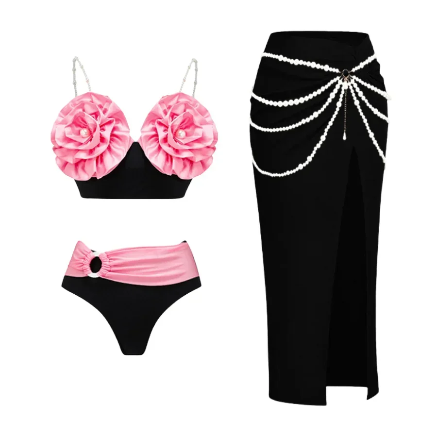 

2023 Vintage 3D Flower Detachable Pearl Strap Bikini SetSwimsuit and Skirt Women Beachwear woman Swimwear Luxury Bathing Suit