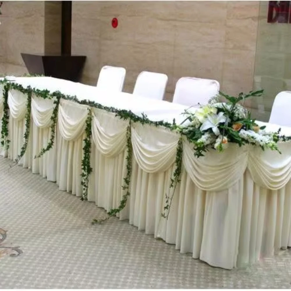New Fashion White Ice Silk Solid Table Skirt Wedding Table Skirting 20ft Length ping
