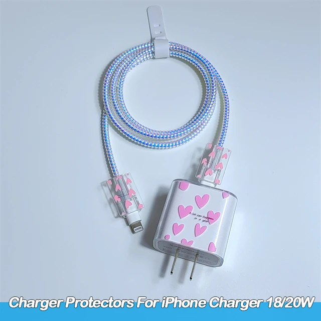 Pink love heart Charger Protector Silicone Soft Dustproof Bite Cord Line for  iPhone 14 Plus Pro