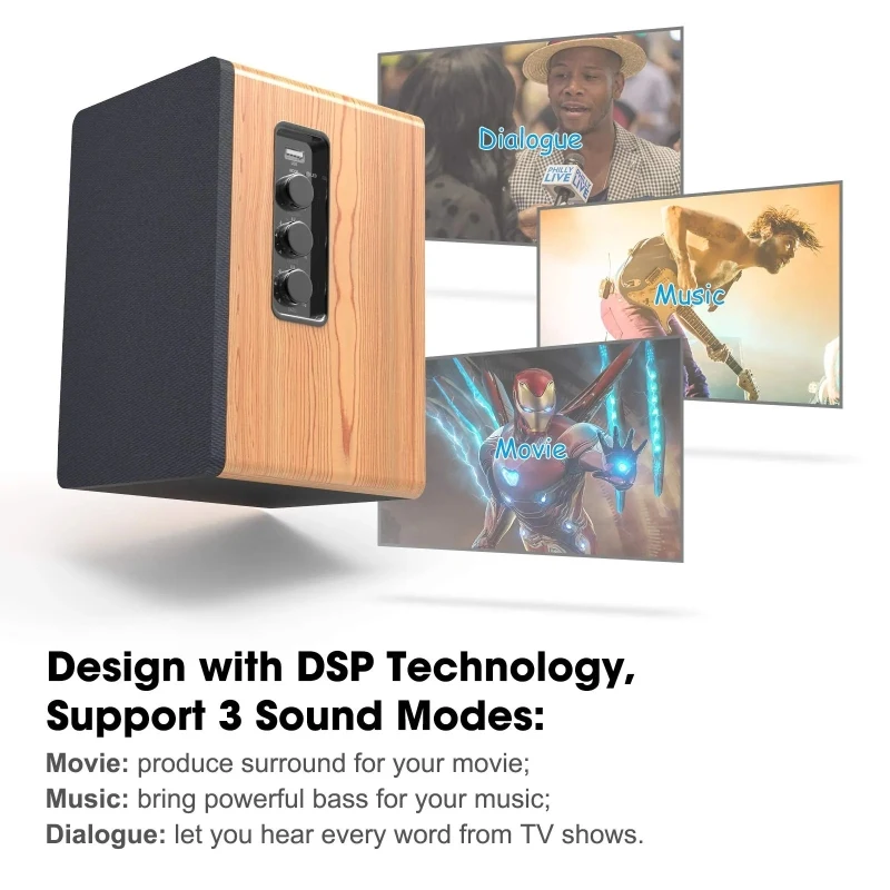 TWO-Way Bookshelf Speakers Wireless Bluetooth Input Wooden Hi-fi Home Theater Subwoofer Speakers 80W Peak High Power Bass Audio
