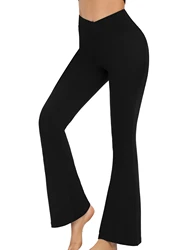 Crossover High Waist Flared Leggings for Women - Tummy Control Yoga Pants (Black)