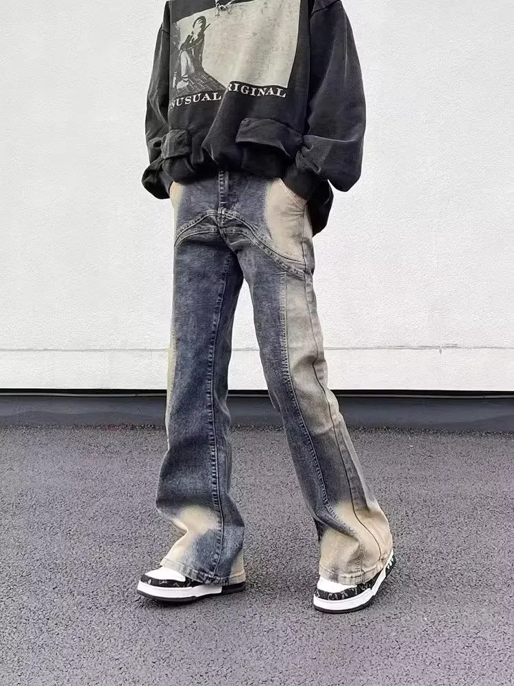 

Street Wear Irregular Patchwork Jeans Washed Vintage Distressed Slim Micro Flared Denim Pants Y2k Water Dyeing Horn Jean Hip Hop