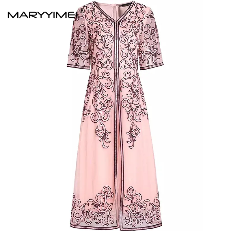 

MARYYIMEI Fashion Design Spring Summer Women's V-Neck Short-Sleeved Mesh Sequins Splicing High Waisted Solid Color Dresses