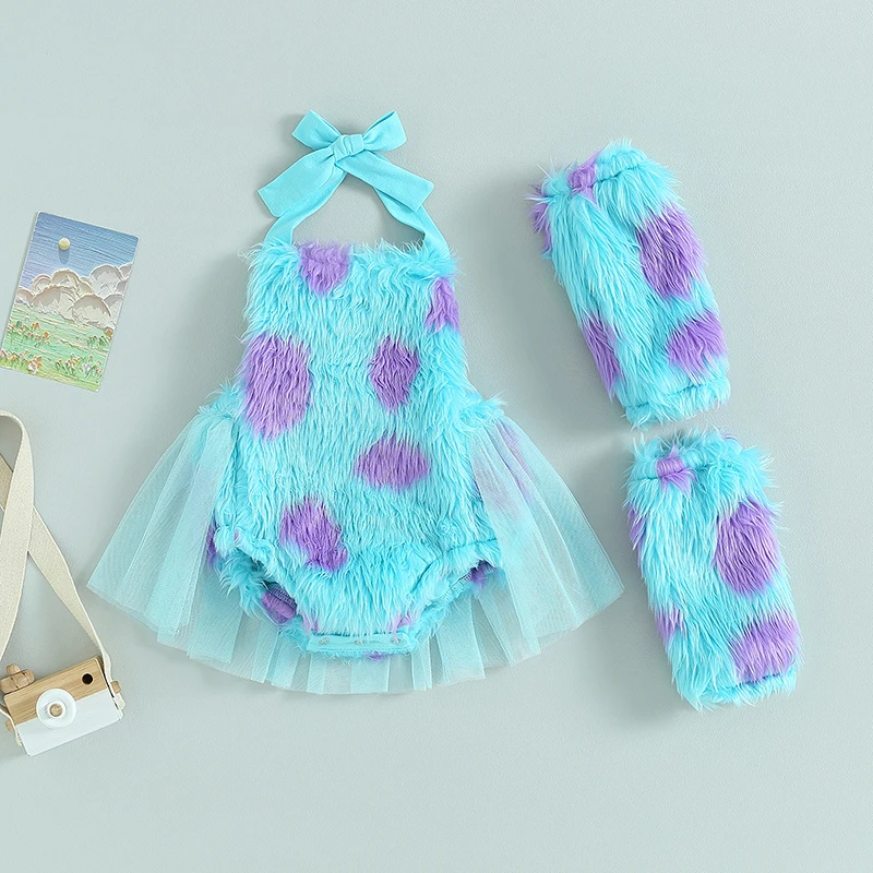 

Toddler Baby Girl Christmas Costume Furry Blue Monster Romper Tutu Dress with Leg Warmers Cosplay Sets