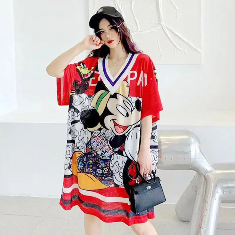 

Disney Summer New Fashion Brand Mesh Quick Drying Clothes V-neck Mid-Length Loose T-shirt Skirt Womens Short Sleeve Dress