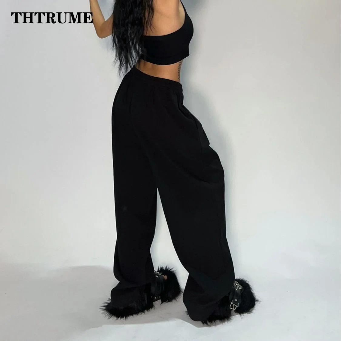 Casual Women Solid New Pant Fashion Summer Oversized Vintage Pocket Drawstring Wide Leg Pants Elegant Loose Baggy Chic Trousers 5