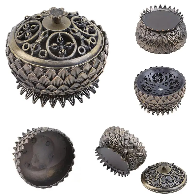 Retro Lotus Incense Holder Burner Charcoal Burning Bowl Vintage Tibetan Copper Buddha Sandalwood Censer Home Office Indoor Decor 4