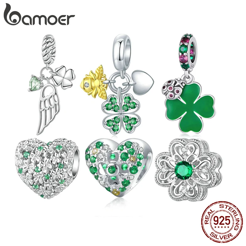 

Bamoer 925 Sterling Silver Four-leaf Clover Pendant Charms Heart Shape Lucky Bead for Women Bracelet and Bangle DIY Fine Jewelry