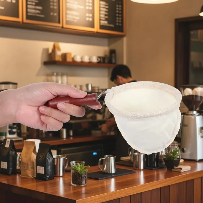 Reusable Flannel Coffee Filter Bag | Wooden Handle Pour Over Filter Cloth, Eco-Friendly Brewing Accessory for Rich Flavor