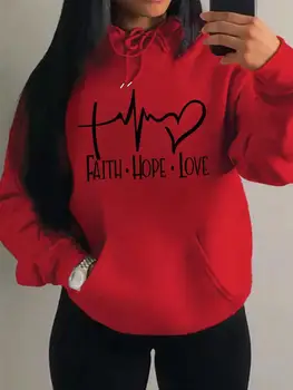 Faith Hope Love Letter Graphic Felpa con cappuccio da donna Street Casual Felpe larghe Autunno Pullover in pile Hip Hop O-Collo Abbigliamento femminile 1