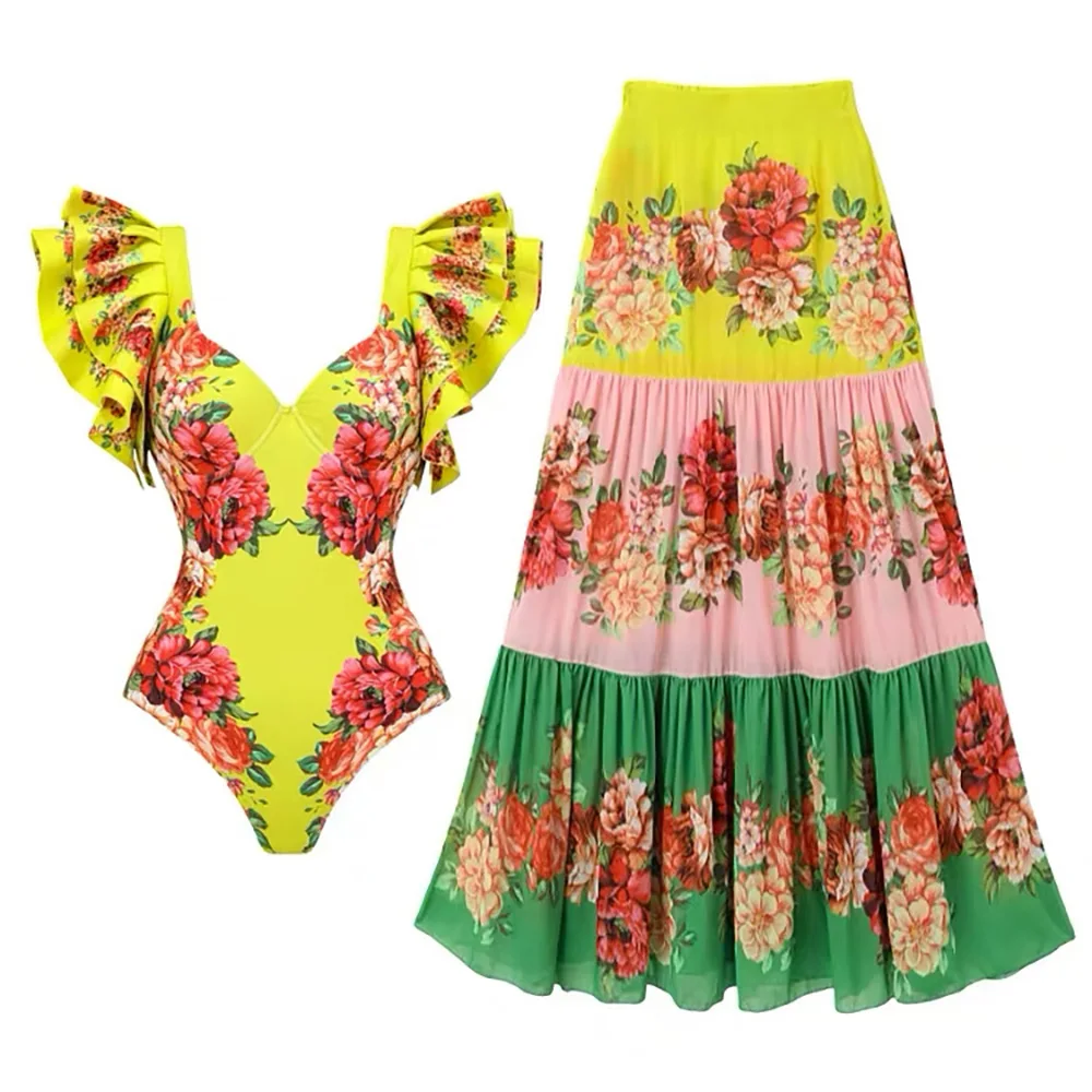 New Sexy One-piece Swimsuit High Waist Bikini  Women's Printed Swimsuit Wrap Skirt Set Swimwear Beachwear Cover Up