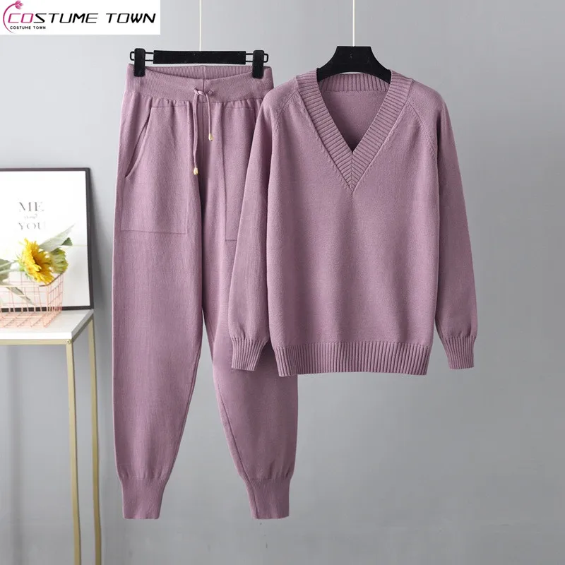 2023 Autumn/Winter Korean Foreign Trade New Sweater Harun Pants Set Casual Sweater Pullover Two Piece Set Fashion foreign trade 5 circle hollow bird cage bride ball show cosplay 5 circle bone adjustable slip dress