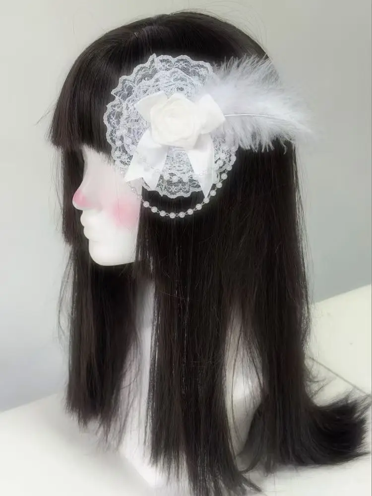 Lolita Haarschmuck Gothic Dark Retro Rose Feder Spitze Kopfbedeckung Blumenball Haarspangen Subkultur Süßer Stil Clips Kawaii – Detail 6