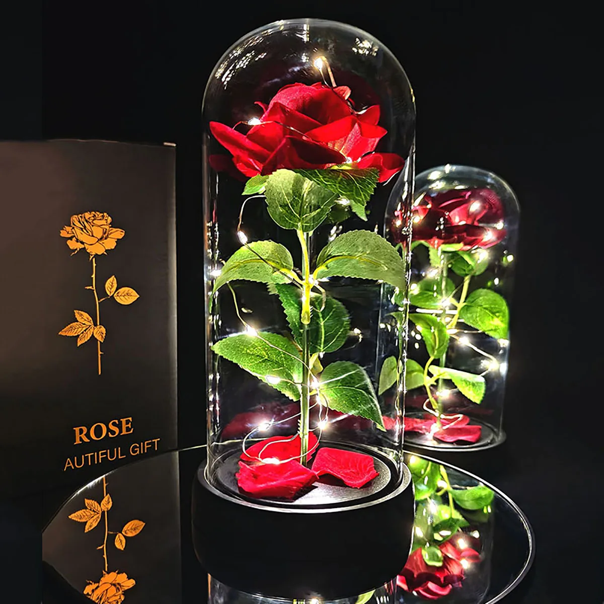 1pc LED Rose in Dome Decorative Lamp valentine's day gifts for her, room decor Artificial Flower with Warm Glow, Red Rose & Gree 1