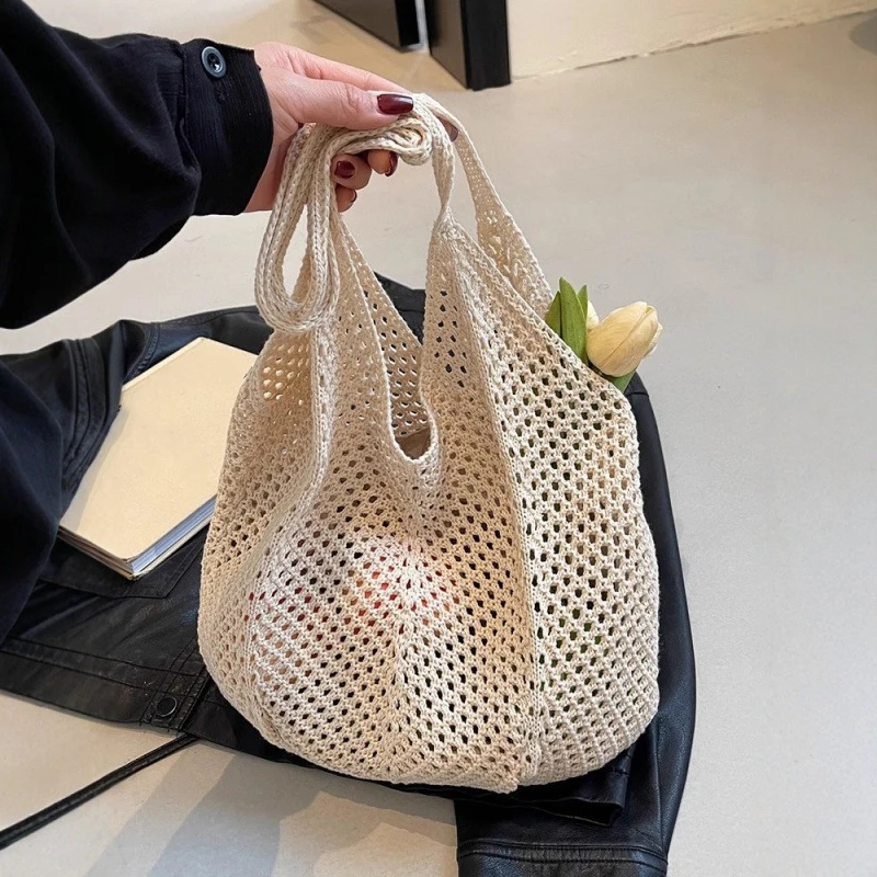 Fashion Women's Large Capacity Hollow Woven Shoulder Bag Solid Color Crochet Tote Handbag Mesh Knitting Underarm BagSummer Beach