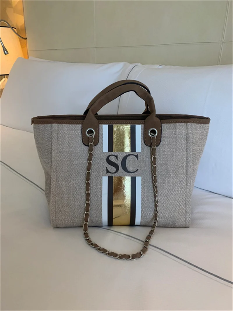 Personalized Monogram Tote Bag Canvas Customised Beige Brown White Gold Chain Handbag Personalised Stripe Initials Gifts For her monogram tote bag canvas customised grey chain handbag personalised white stripe initials beach holiday personalized