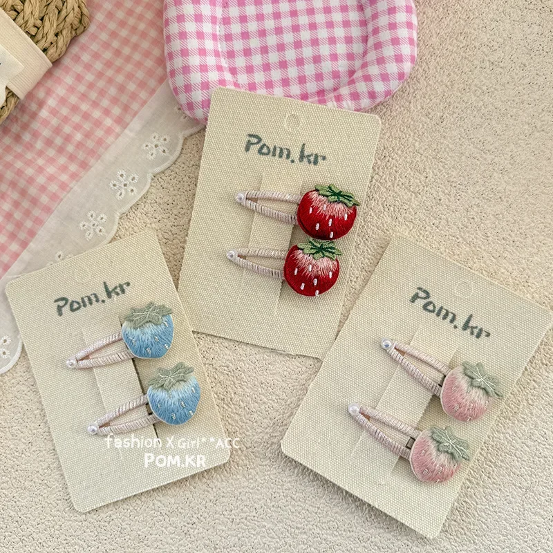 2pcs Baby Girls Strawberry Headwear Hair Clip for Kids Kawaii Hair Pin Embroidery Sweet Bang Side Clip Cute Hair Accessories