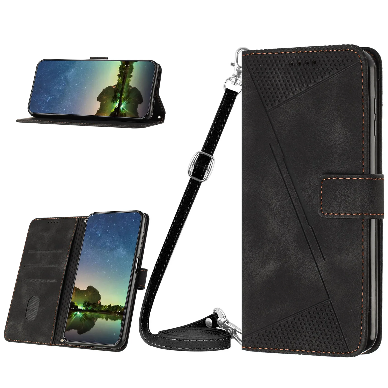 Flip Leather Phone Case with Wallet Holder and Shoulder Strap – Kitten Design Cover Bag